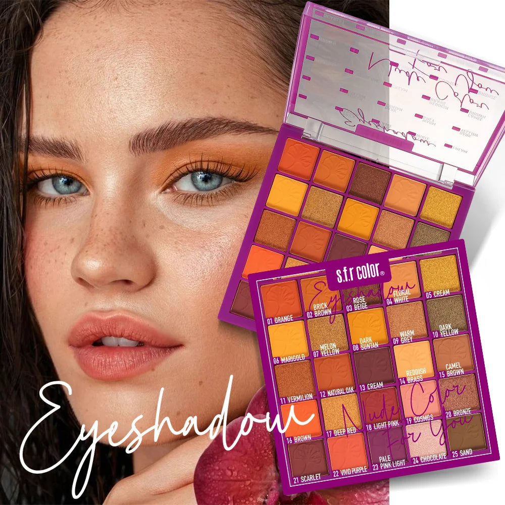 Highly Pigmented 25 Grid Eyeshadow Palette, Smooth Blendable Matte Metallic Shimmer Warm Orange Brown Shades, Long Lasting Eye Makeup for Makeup Lovers