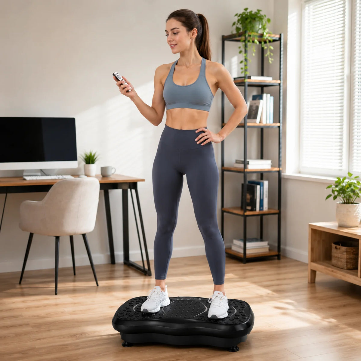 Vibration Plate Exercise Machine with Resistance Bands, Whole Body Vibration Platform for Home Workout, Anti-Slip Fitness Massage Board with Remote Control
