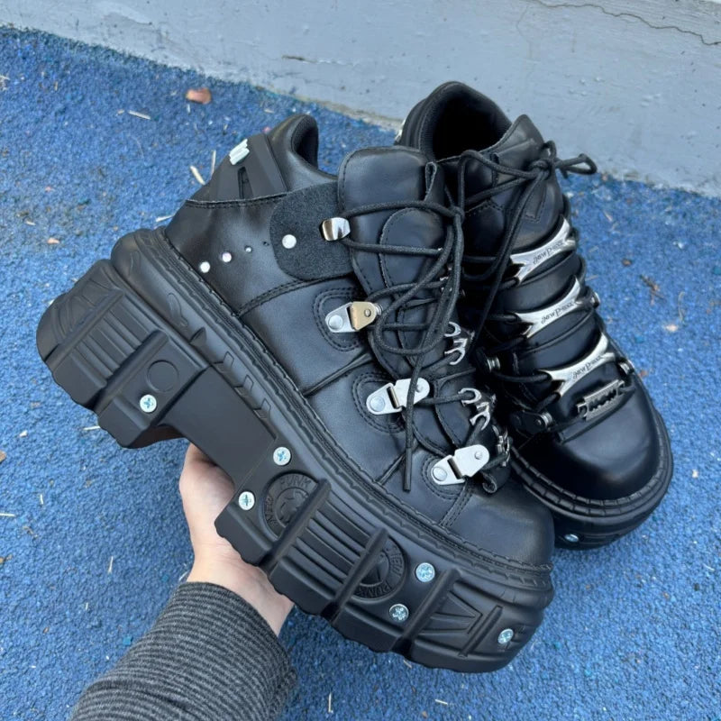 Gothic Black Metal Decoration Women Sneakers Chunky Heel All Match Platform Casual Trainers Sport Runway Unisex Shoes Large Size