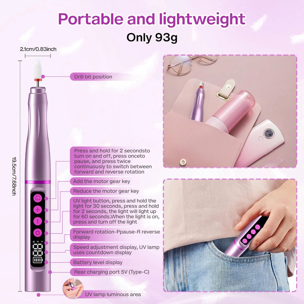 3-IN-1 Professional 35,000RPM Electric Nail DrillPortable Rechargeable Low Noise, Suitable For Manicure And Pedicure - USB Powered, Lithium Battery