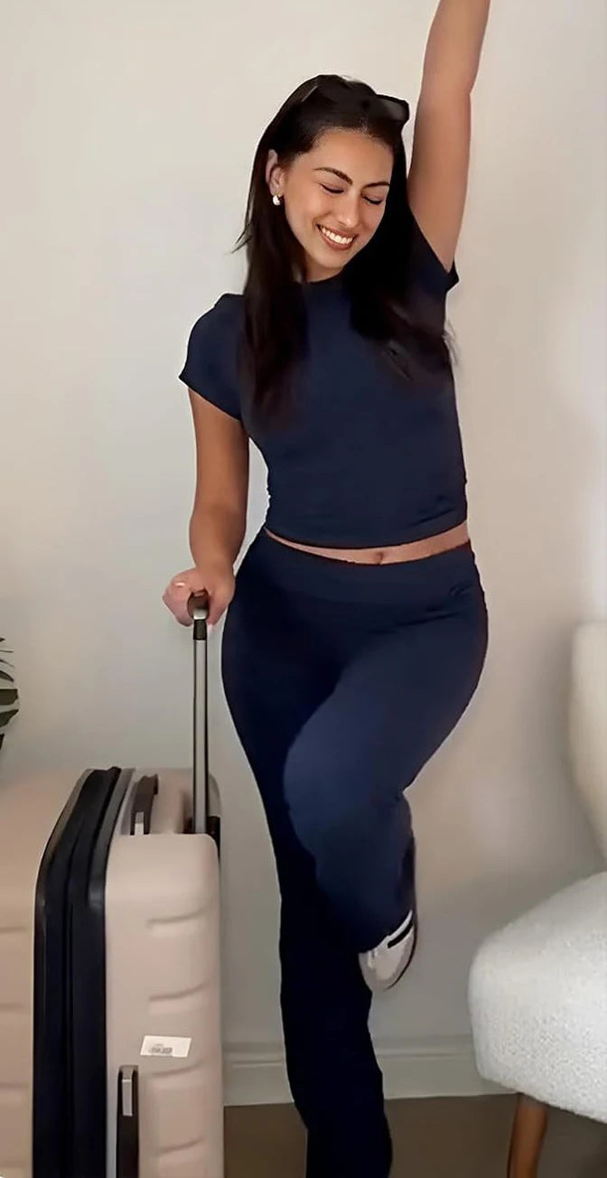 Womens Two Piece Sports Leisure Yoga Set Knit Top And Pants