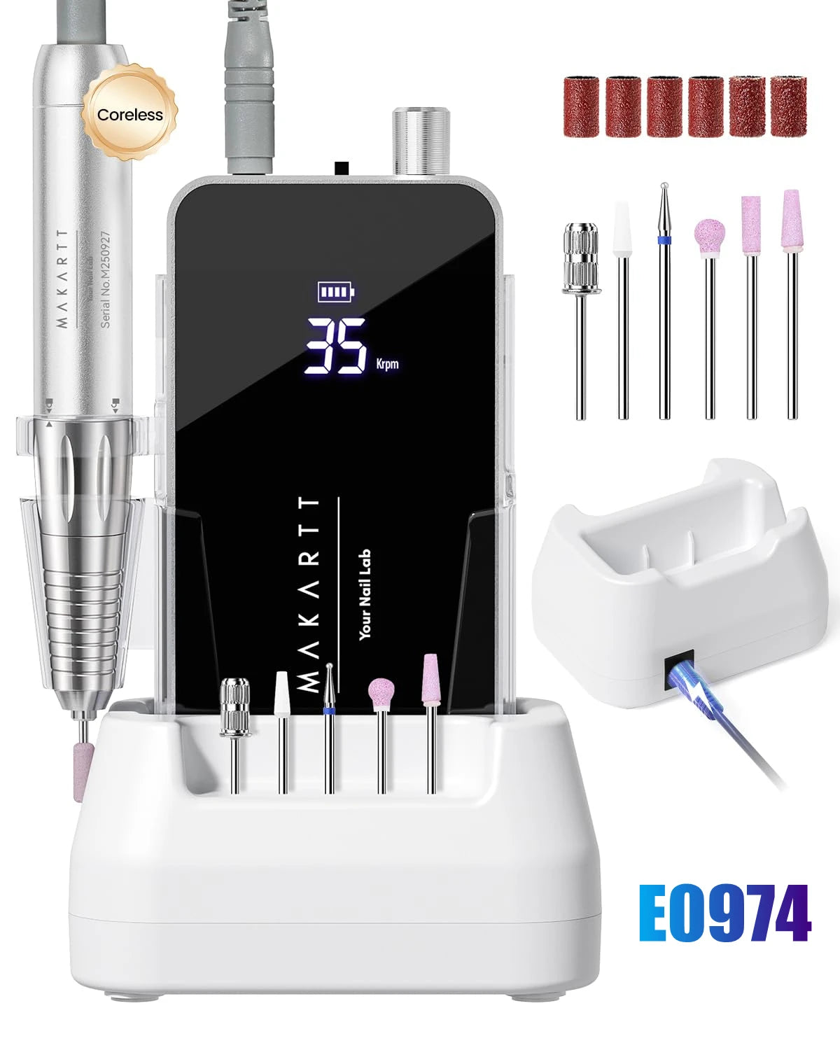 Makartt Professional Nail Drill 35000RPM E-File 60W Motor 2-in-1 Desktop/Portable 14H Battery F&R,Low Noise for Acrylic Removal