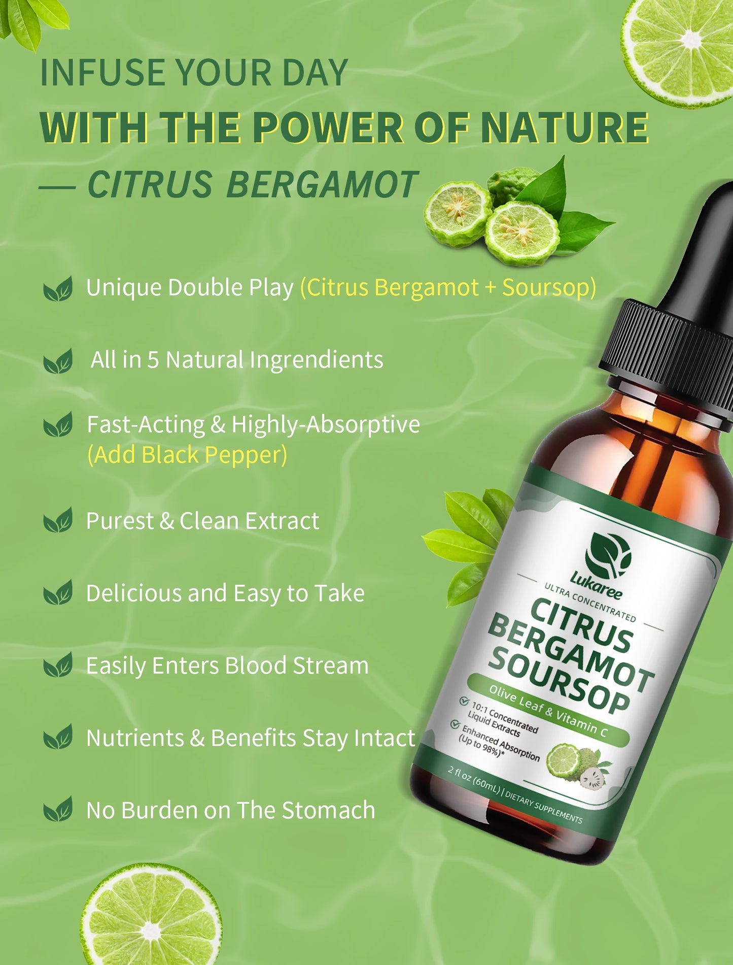 Citrus Bergamot Liquid Drops Natural Supplement with Soursop,Red Yeast Rice,Olive Leaf, High Absorption Support Overall Wellness