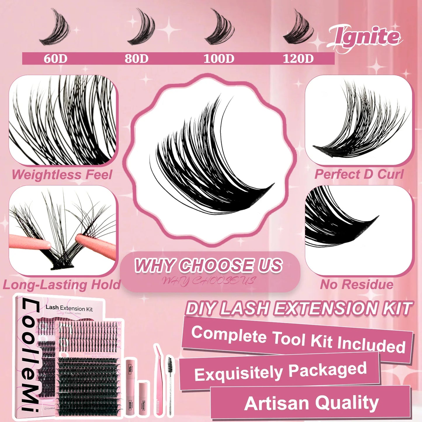 280PCS DIY Cluster Lashes Kit Ignite 80D | D Curl Fluffy Wispy Manga Lashes | Heat Bonded Fox Eye Individual Extensions with Bond and Seal | Long-Lasting Waterproof Home Makeup