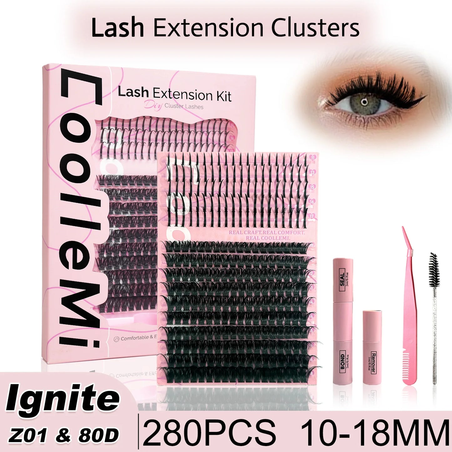 280PCS DIY Cluster Lashes Kit Ignite 80D | D Curl Fluffy Wispy Manga Lashes | Heat Bonded Fox Eye Individual Extensions with Bond and Seal | Long-Lasting Waterproof Home Makeup