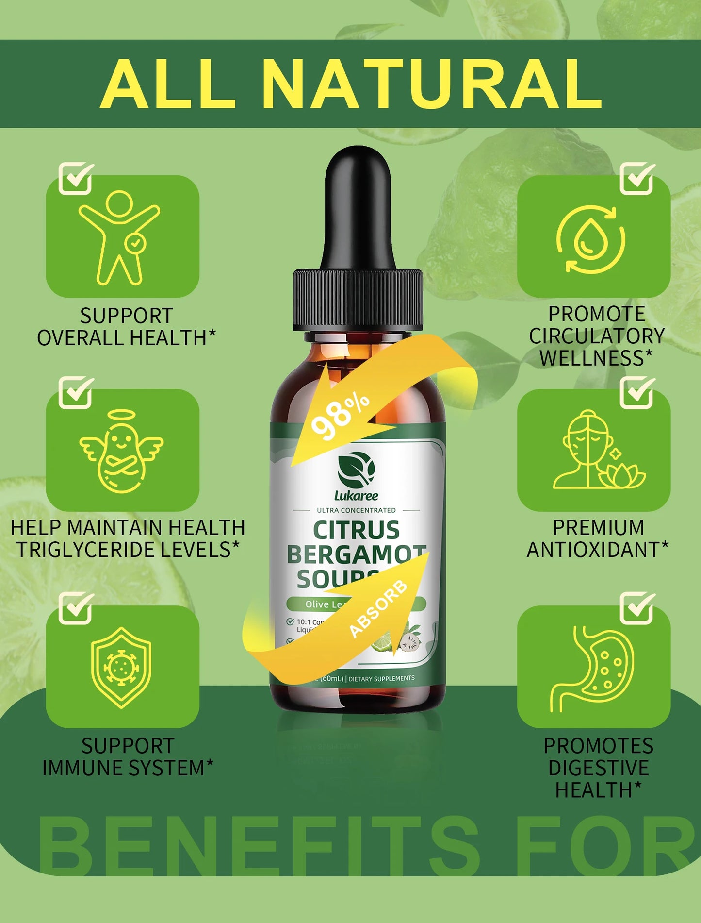 Citrus Bergamot Liquid Drops Natural Supplement with Soursop,Red Yeast Rice,Olive Leaf, High Absorption Support Overall Wellness