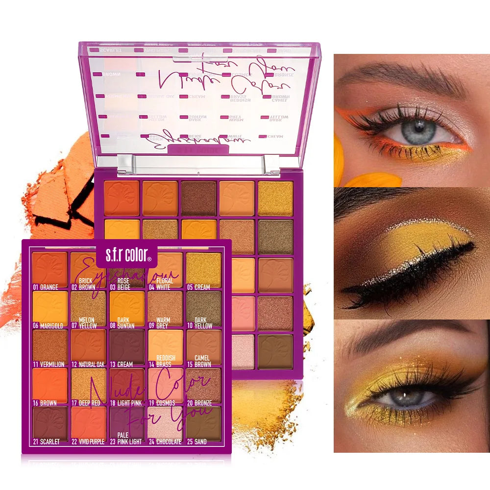 Highly Pigmented 25 Grid Eyeshadow Palette, Smooth Blendable Matte Metallic Shimmer Warm Orange Brown Shades, Long Lasting Eye Makeup for Makeup Lovers