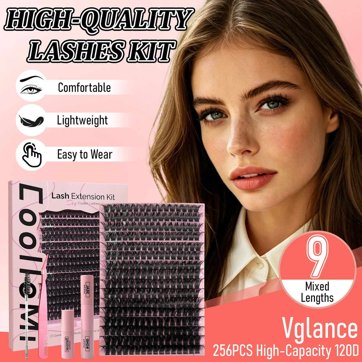 256PCS Vglance 120D Natural Lash Clusters Kit Wispy Cluster Eyelash Extensions 10-18mm Waterproof Lash Bond and Seal Remover Brush