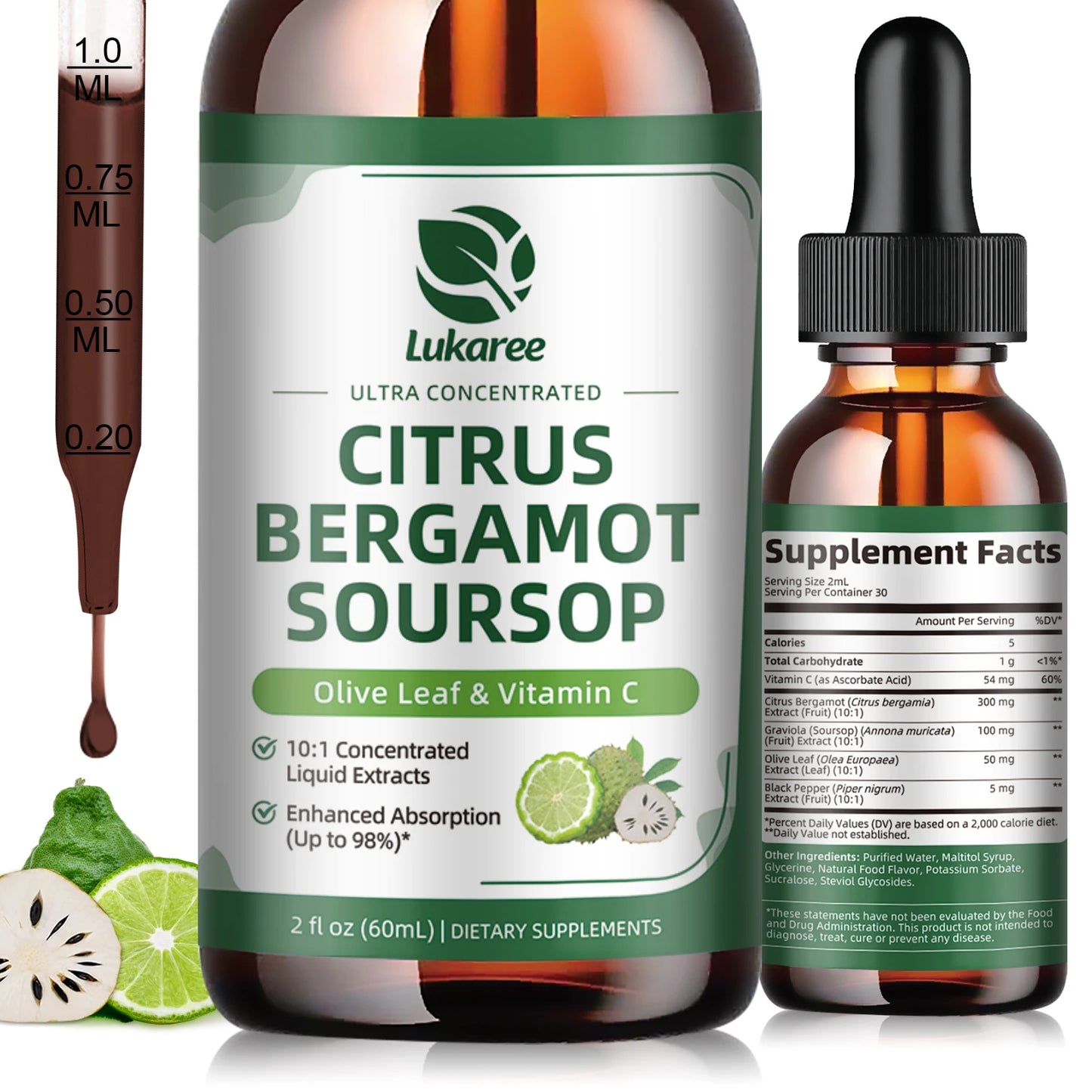 Citrus Bergamot Liquid Drops Natural Supplement with Soursop,Red Yeast Rice,Olive Leaf, High Absorption Support Overall Wellness