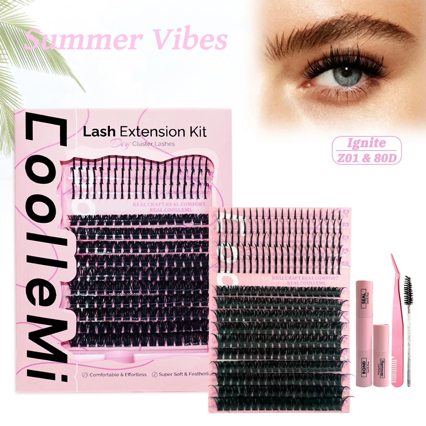 280PCS DIY Cluster Lashes Kit Ignite 80D | D Curl Fluffy Wispy Manga Lashes | Heat Bonded Fox Eye Individual Extensions with Bond and Seal | Long-Lasting Waterproof Home Makeup