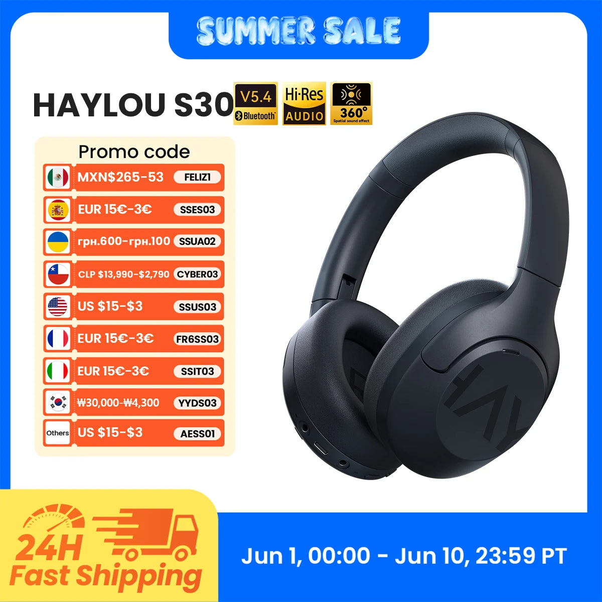 HAYLOU S30 Wireless Bluetooth 5.4 Headphones 43dB Adaptive Noise Cancelling Headsets 40mm Driver 80H Playtime Earphones