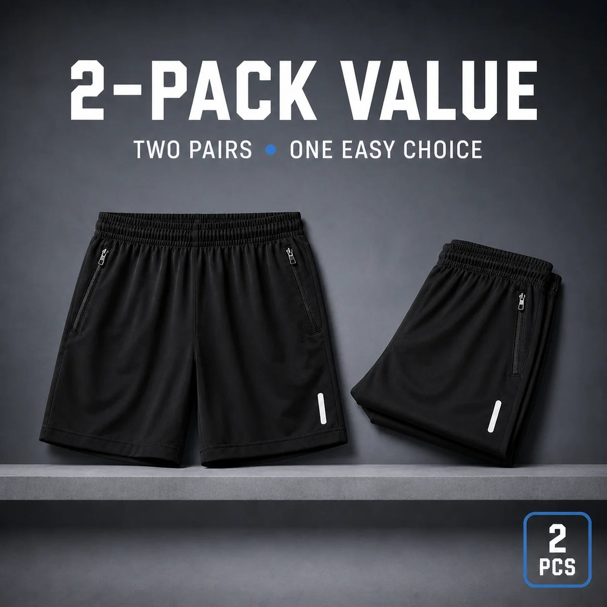 2-Pack Men's Quick Dry Running Shorts with Zipper Pockets & Reflective Detail – Lightweight Breathable Gym & Outdoor Sports Shorts for Summer