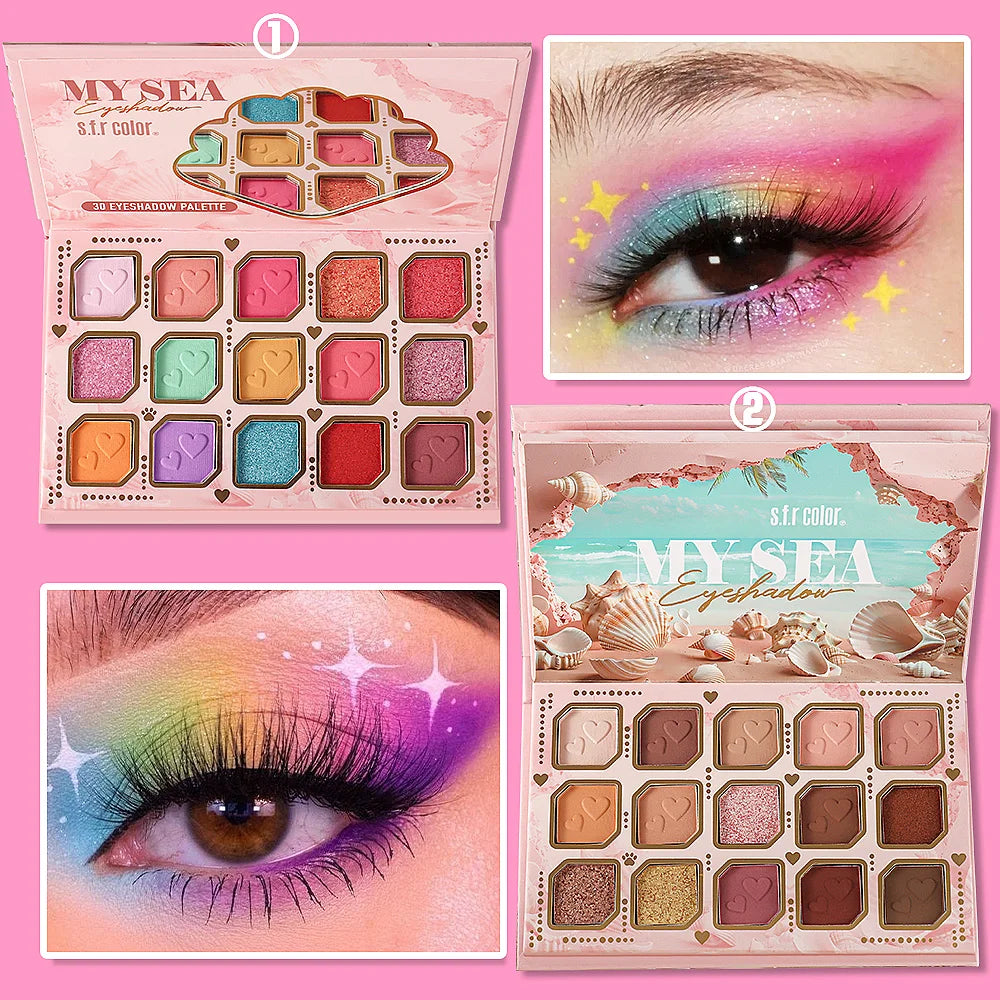 30 Shades My Sea Themed Colorful Eyeshadow Palette, Matte Shimmer Glitter Rainbow Bright Eye Shadow, Highly Pigmented Blendable Vibrant Eye Makeup for Festival Carnival Party