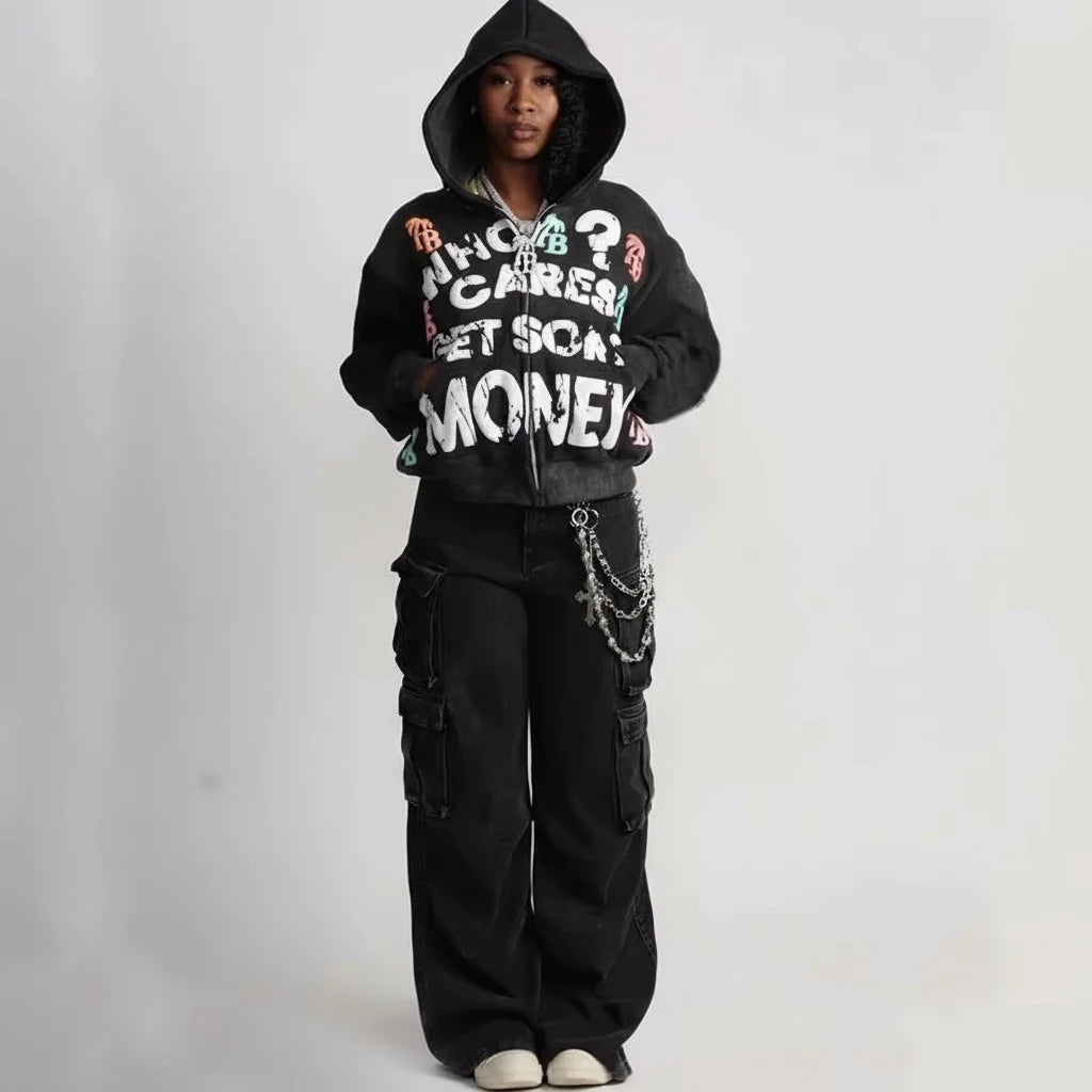 American retro Gothic rock letter print hoodie with hat, loose and versatile Harajuku sweatshirt