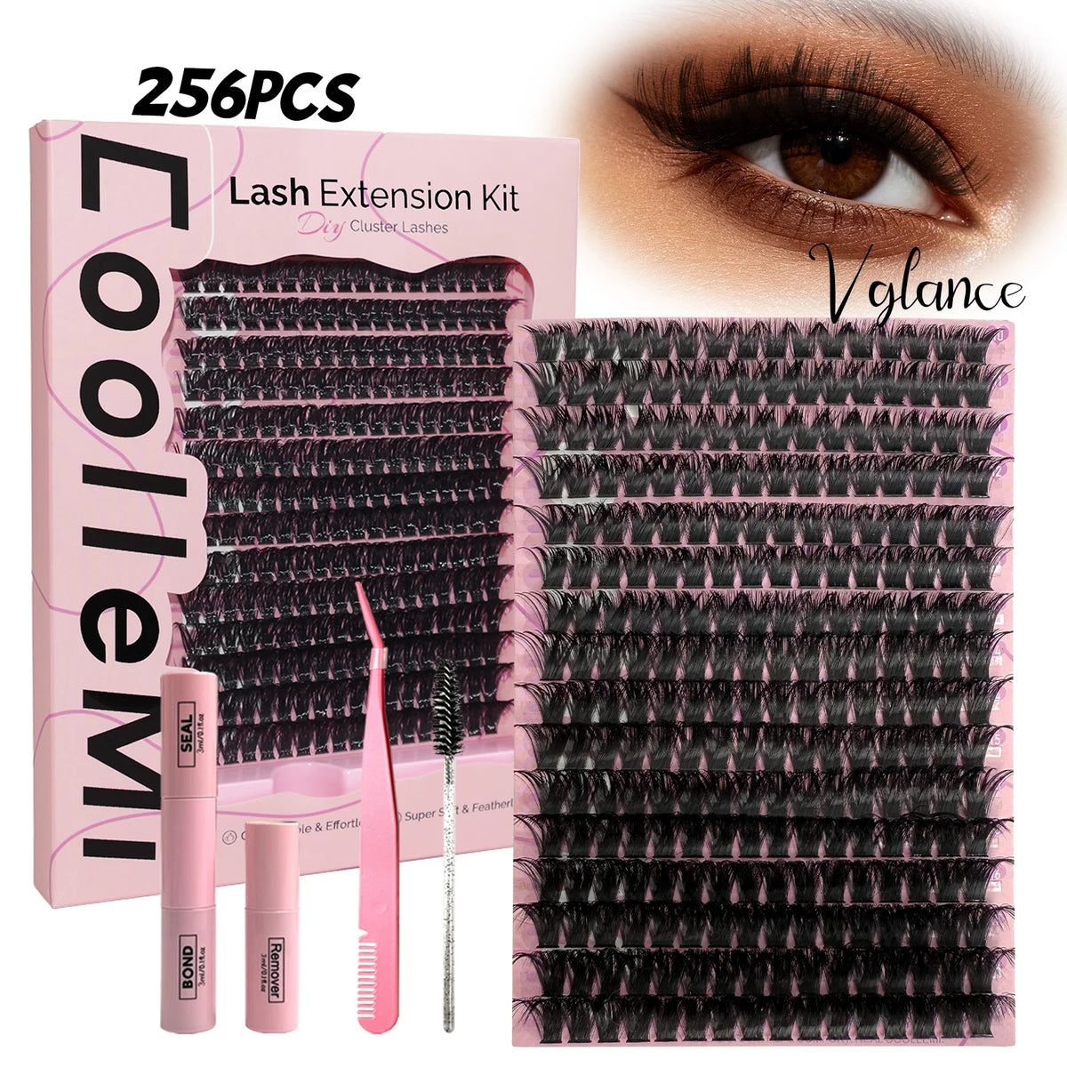 256PCS Vglance 120D Natural Lash Clusters Kit Wispy Cluster Eyelash Extensions 10-18mm Waterproof Lash Bond and Seal Remover Brush