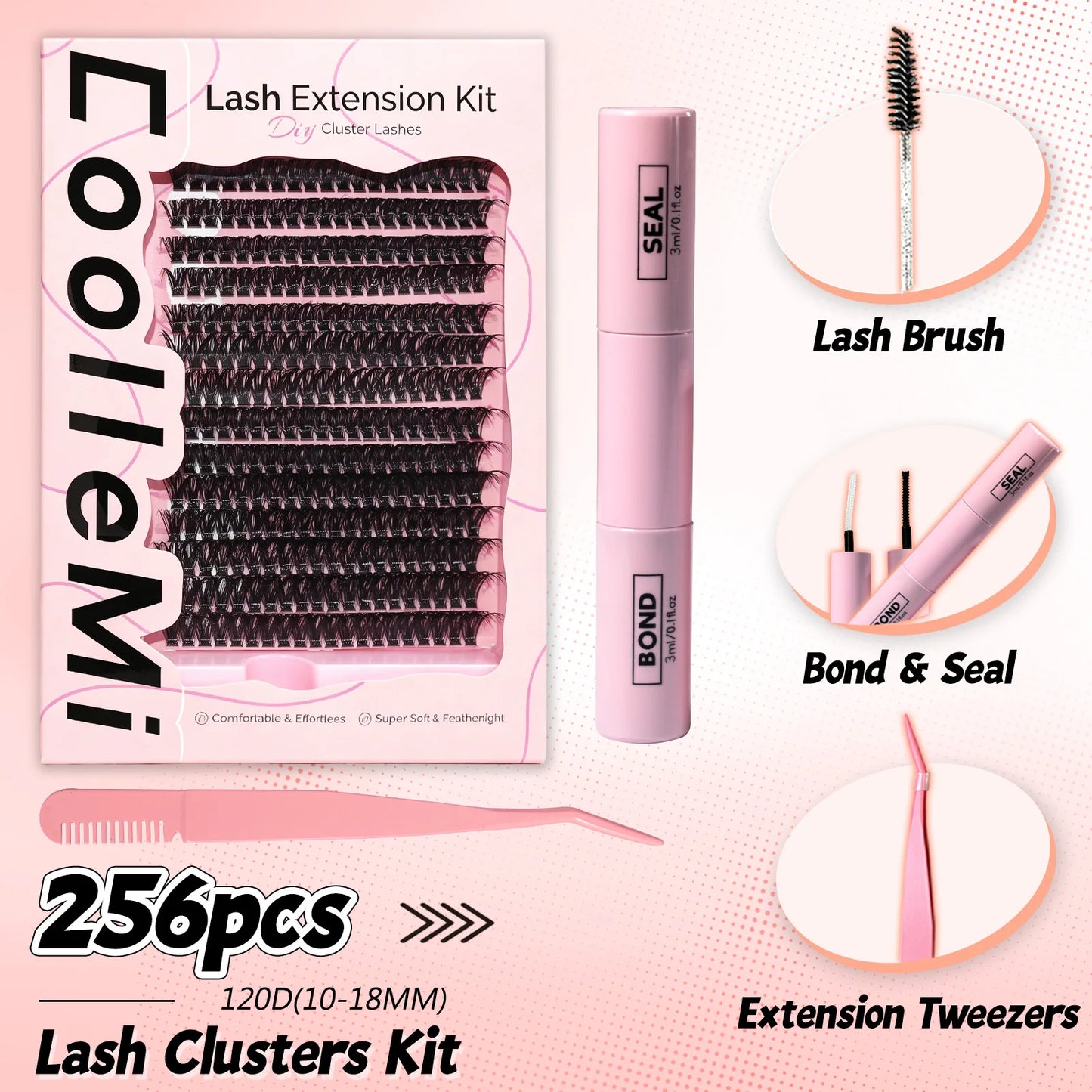 256PCS Vglance 120D Natural Lash Clusters Kit Wispy Cluster Eyelash Extensions 10-18mm Waterproof Lash Bond and Seal Remover Brush