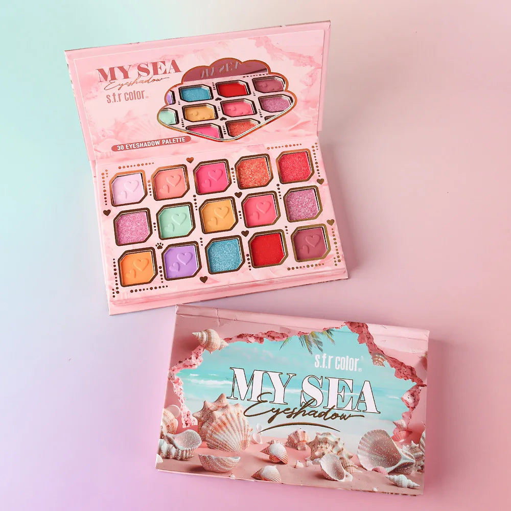 30 Shades My Sea Themed Colorful Eyeshadow Palette, Matte Shimmer Glitter Rainbow Bright Eye Shadow, Highly Pigmented Blendable Vibrant Eye Makeup for Festival Carnival Party