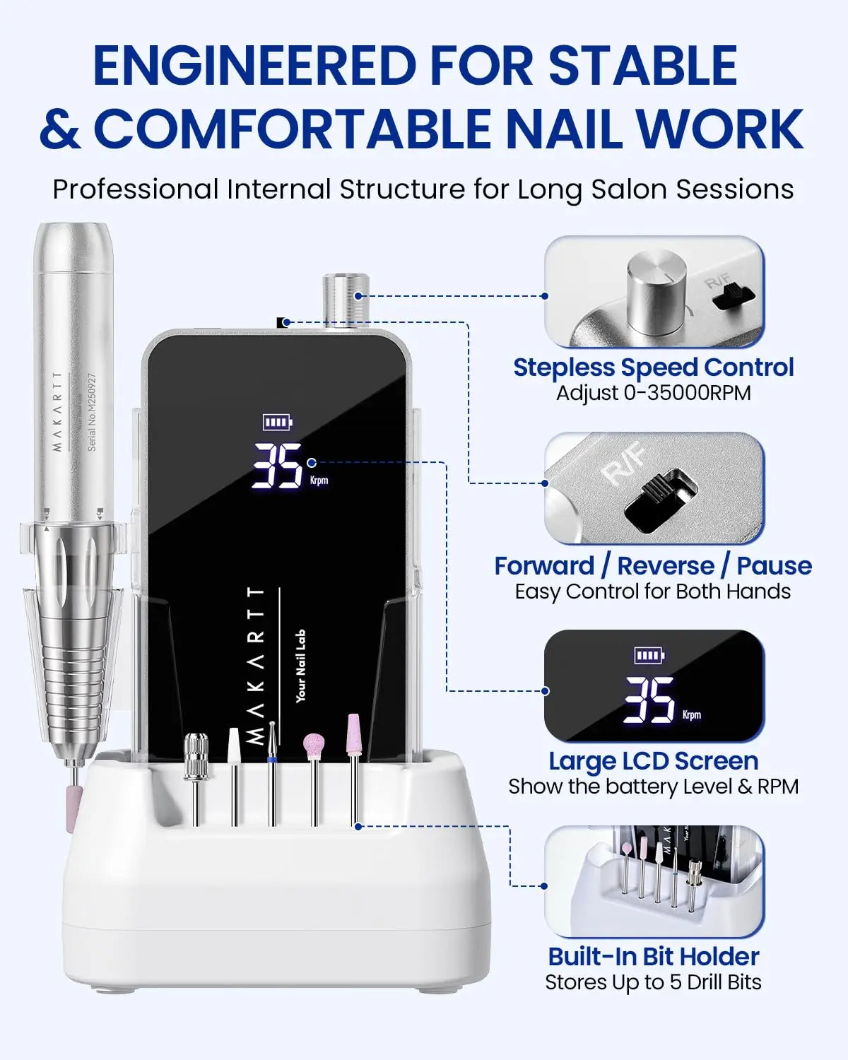Makartt 35000RPM Nail Drill Cordless Electric Manicure Pedicure Kit Professional E File for Acrylic Gel Nails with Drill Bits
