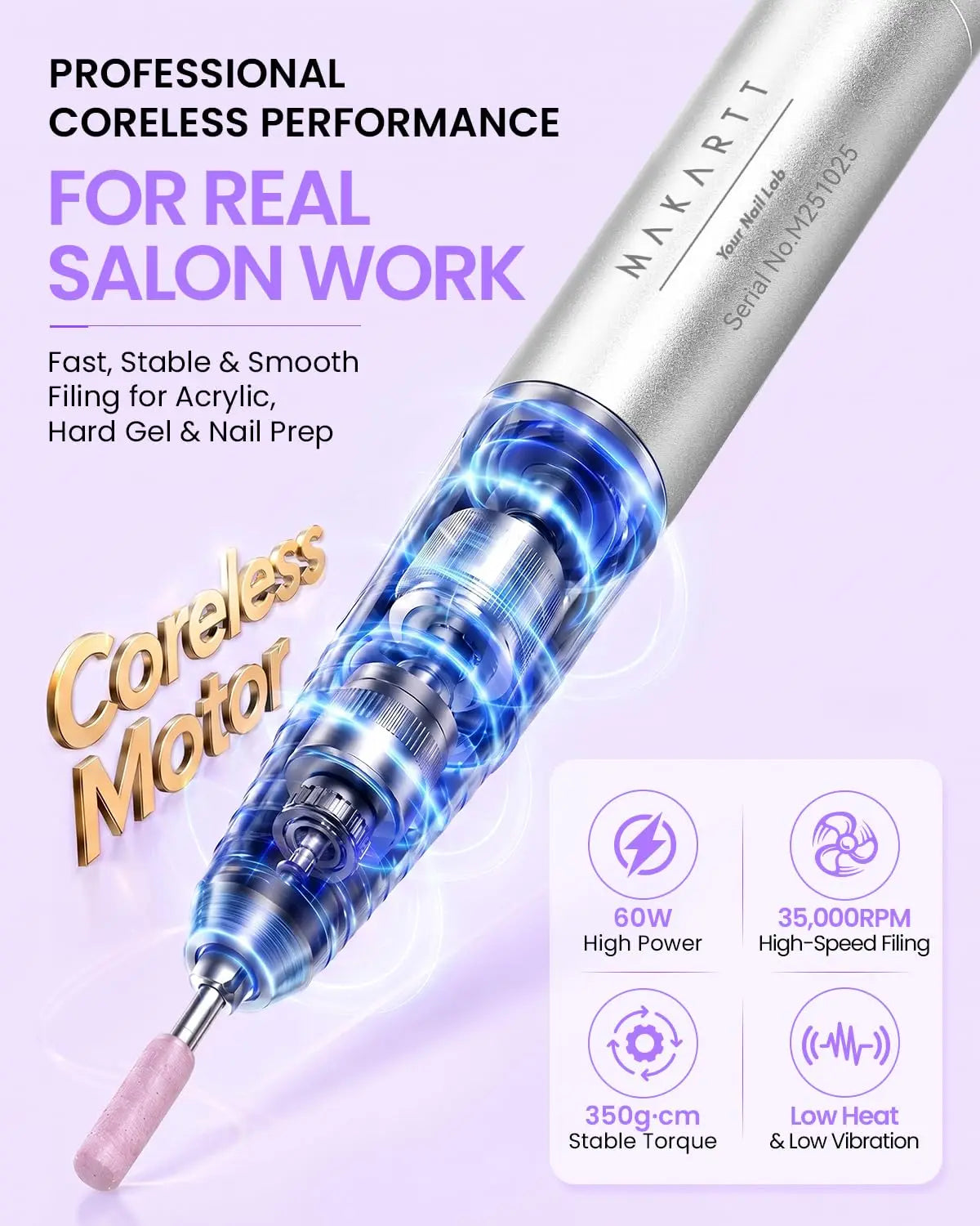 Makartt Professional Nail Drill 35000RPM E-File 60W Motor 2-in-1 Desktop/Portable 14H Battery F&R,Low Noise for Acrylic Removal