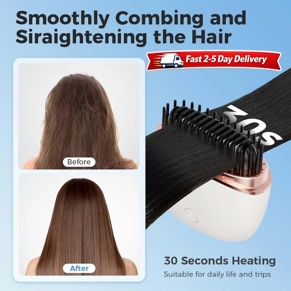 Mini Cordless Hair Straightener Brush Rechargeable Portable Hot Comb Rapid Heat 3 Temp Control Travel Styling Tools USB Charging