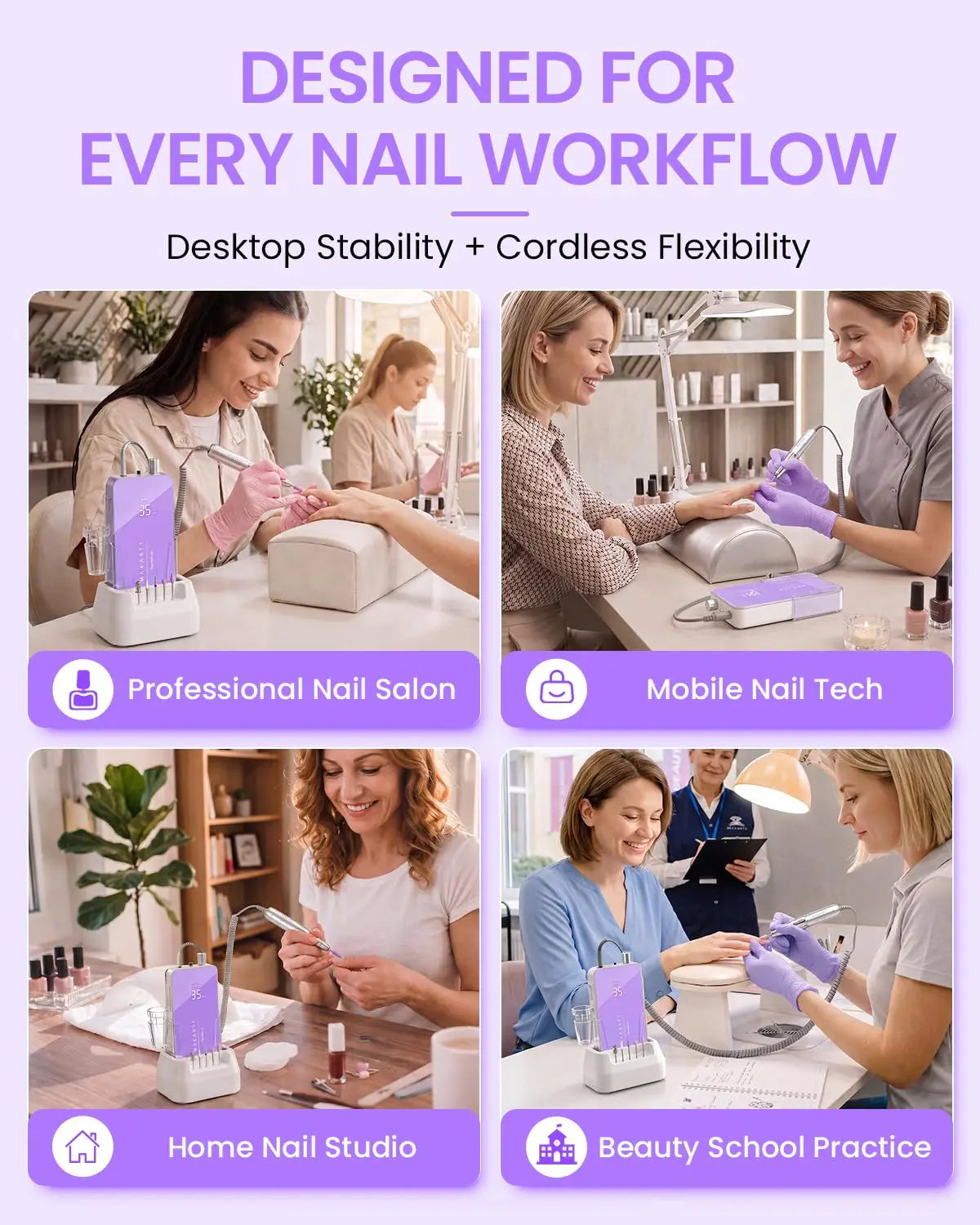 Makartt Professional Nail Drill 35000RPM E-File 60W Motor 2-in-1 Desktop/Portable 14H Battery F&R,Low Noise for Acrylic Removal