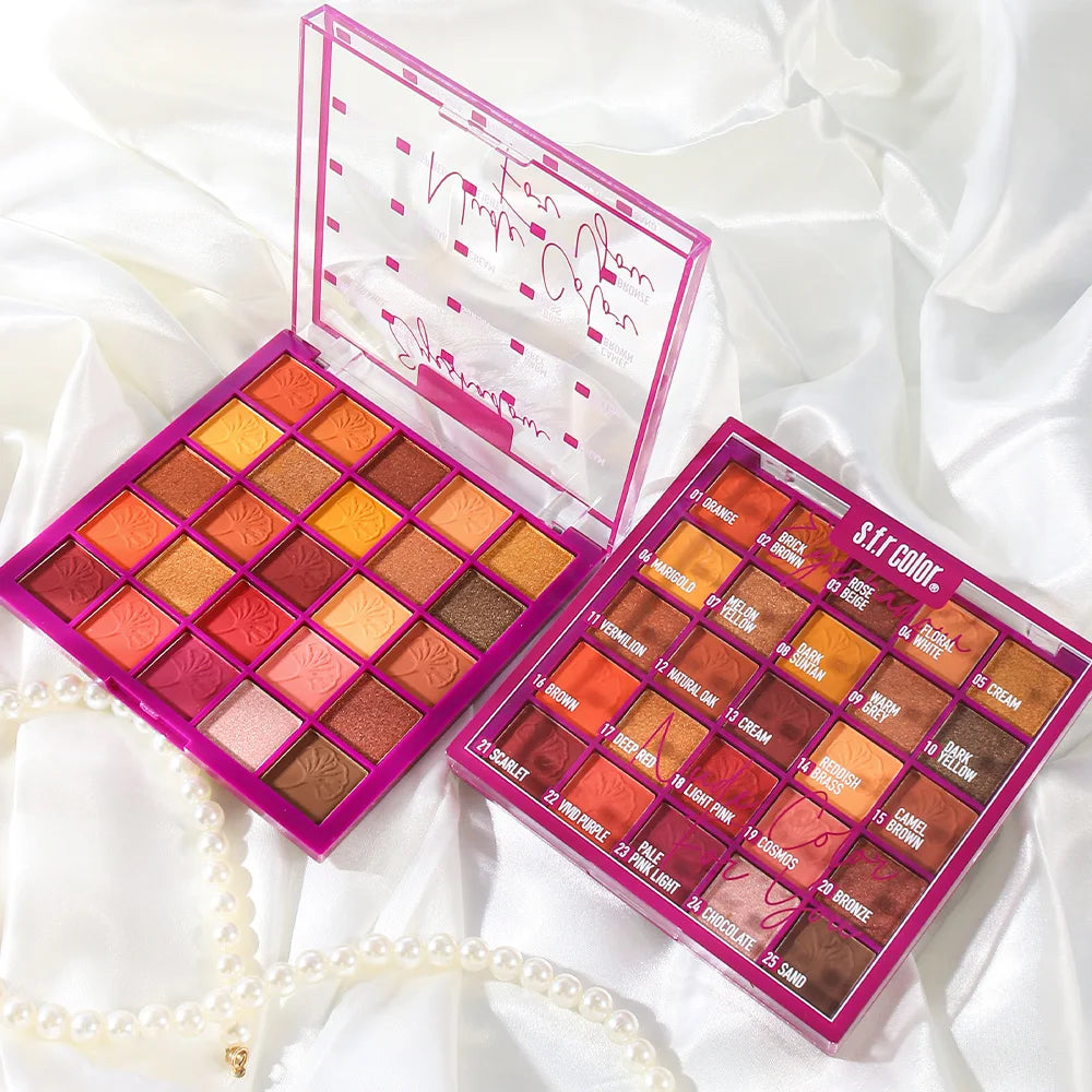Highly Pigmented 25 Grid Eyeshadow Palette, Smooth Blendable Matte Metallic Shimmer Warm Orange Brown Shades, Long Lasting Eye Makeup for Makeup Lovers