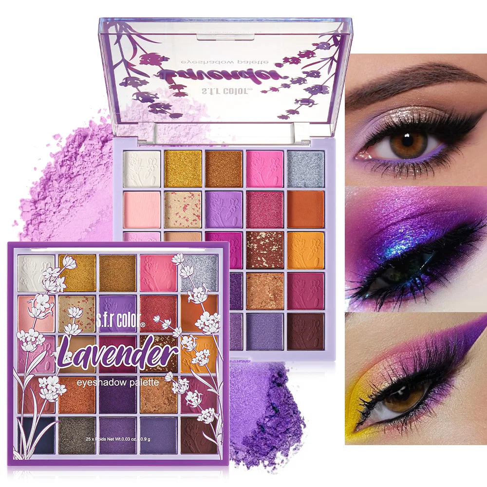 25 Shades Matte Shimmer Eyeshadow Palette, Warm Purple Neutral Tone Blendable Eye Shadow Powder, Highly Pigmented Glitter Eye Makeup Tray for Daily Party Cosmetics