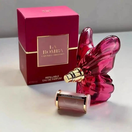 LA Bom. b.A 2.7oz female perfume, fresh flower and fruit fragrance, dragon fruit integration, unique butterfly design