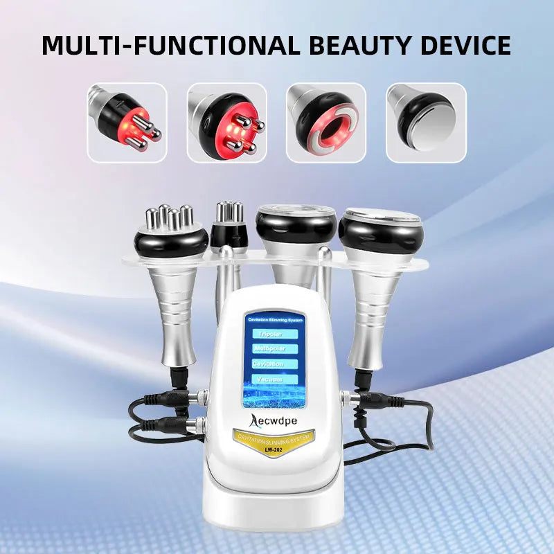 4-in-1 multi-functional beauty device, ultrasonic cavitation machine, 40k lymphatic massage slimming instrument, body care vacuum liposuction device, anti-wrinkle rejuvenation device, skin tightening and lifting.