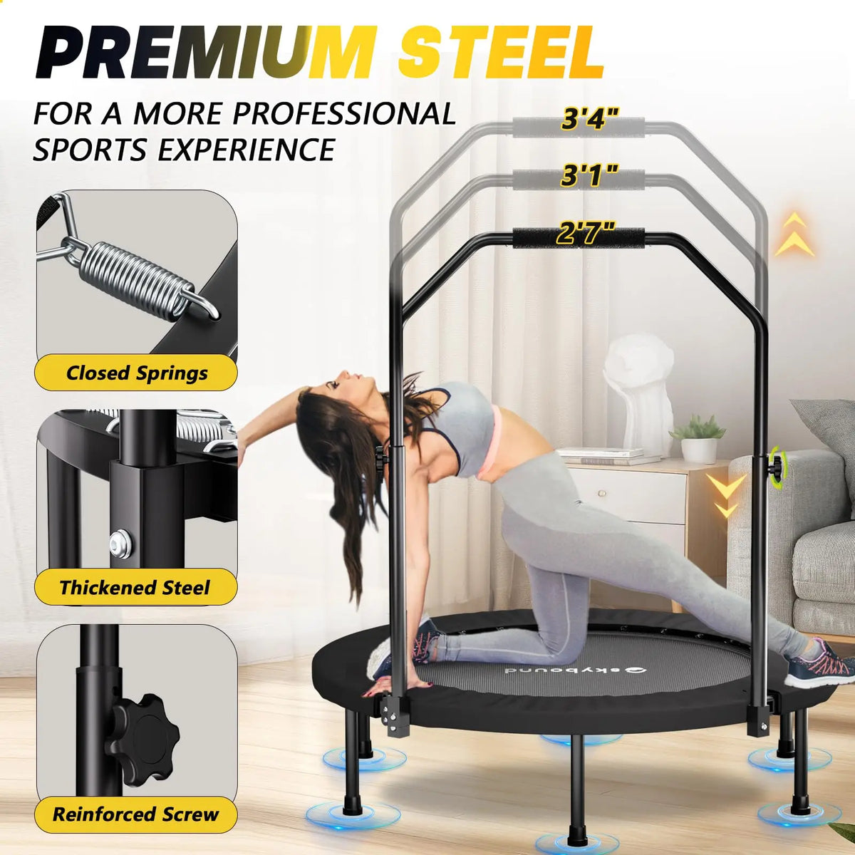 Foldable Fitness Trampoline Rebounder With Adjustable Handle