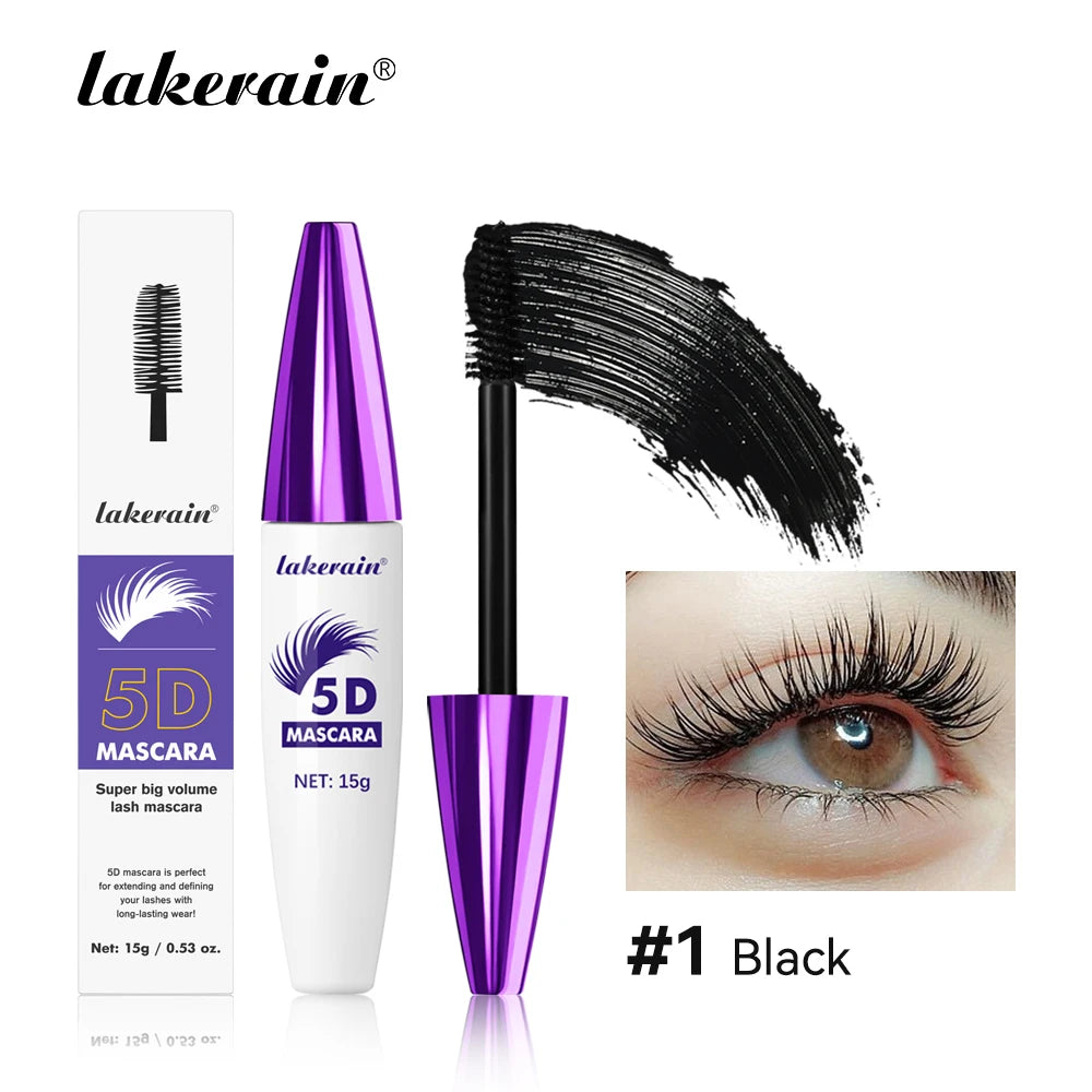 Lakerain 5D Mascara Eyelashes Waterproof Nourishing Smudge-Proof Lengthening Long-Lasting Intense Black Mascara Eye Makeup