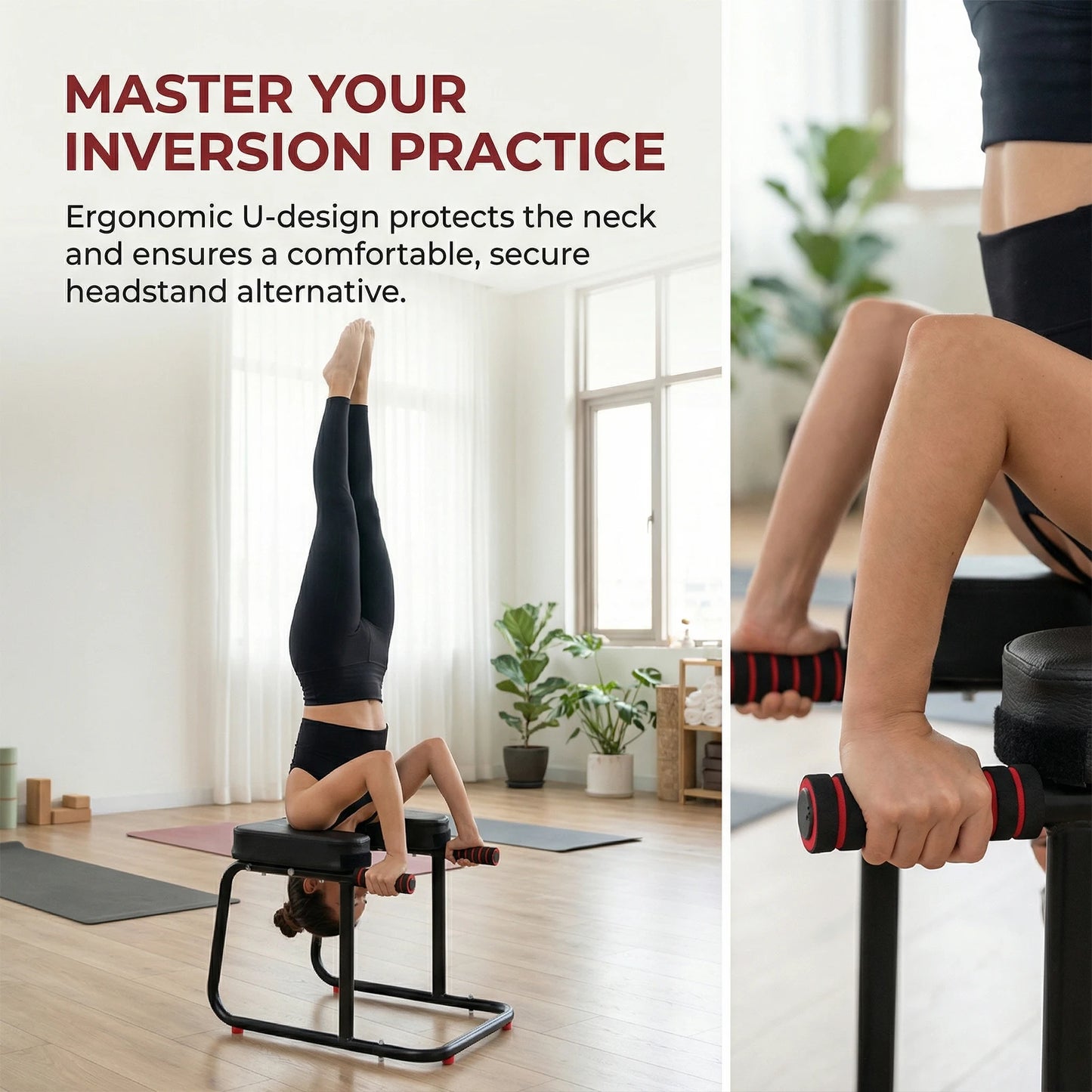Yoga Headstand Bench with Anti-Slip Mat Yoga Inversion Chair Metal Frame & PU Pads for Back Decompression Strength Training