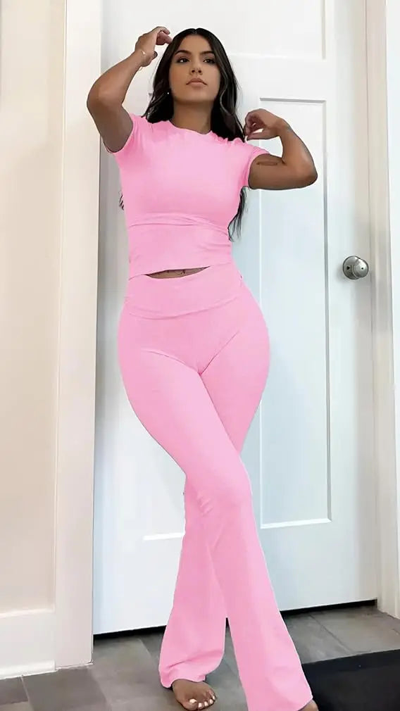 Womens Two Piece Sports Leisure Yoga Set Knit Top And Pants