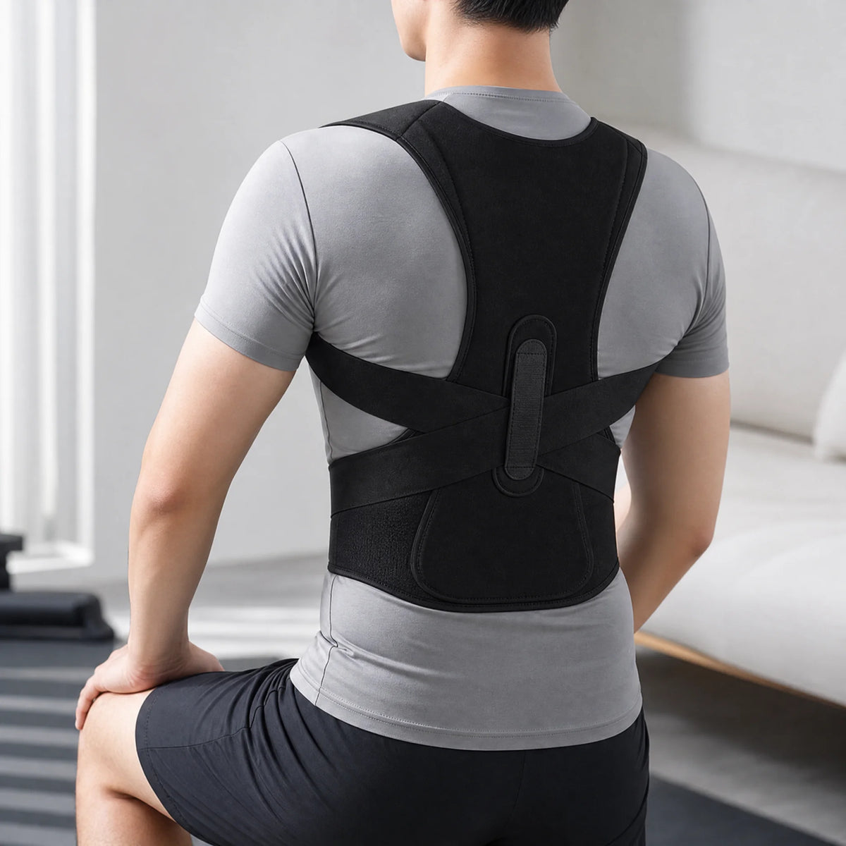 1PC Breathable Back Posture Corrector with Aluminum Plate - Cross Traction Adjustable Straps, Unisex Office/Home Wear Support Aid (Gray/Black)