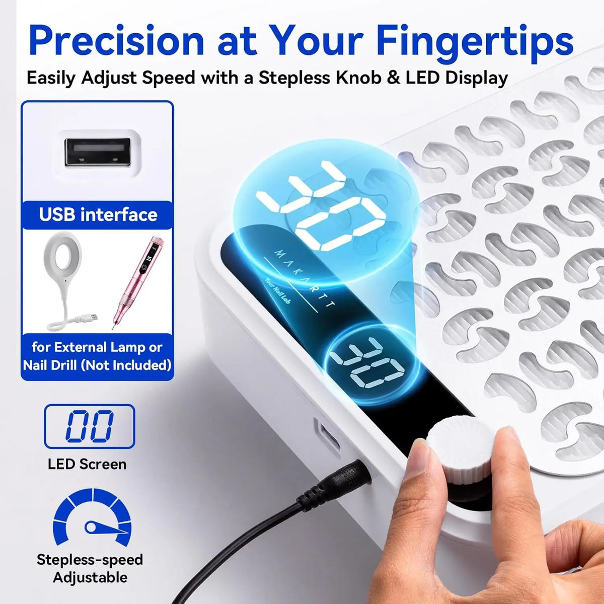 Makartt Professional Nail Dust Collector Adjustable Suction LED Display