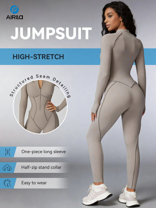 Zip Front Long Sleeve Yoga&Pilates Fit Jumpsuit，One Piece Bodycon for Women, Tummy Control High Stretch S Fitness Sport Outfits
