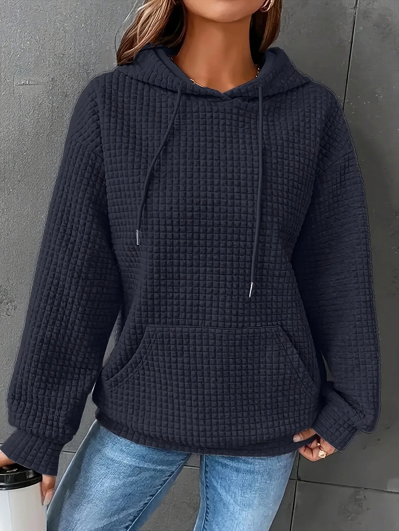 Women Waffle Knit Hoodie Long Sleeve Pullover Sweatshirt