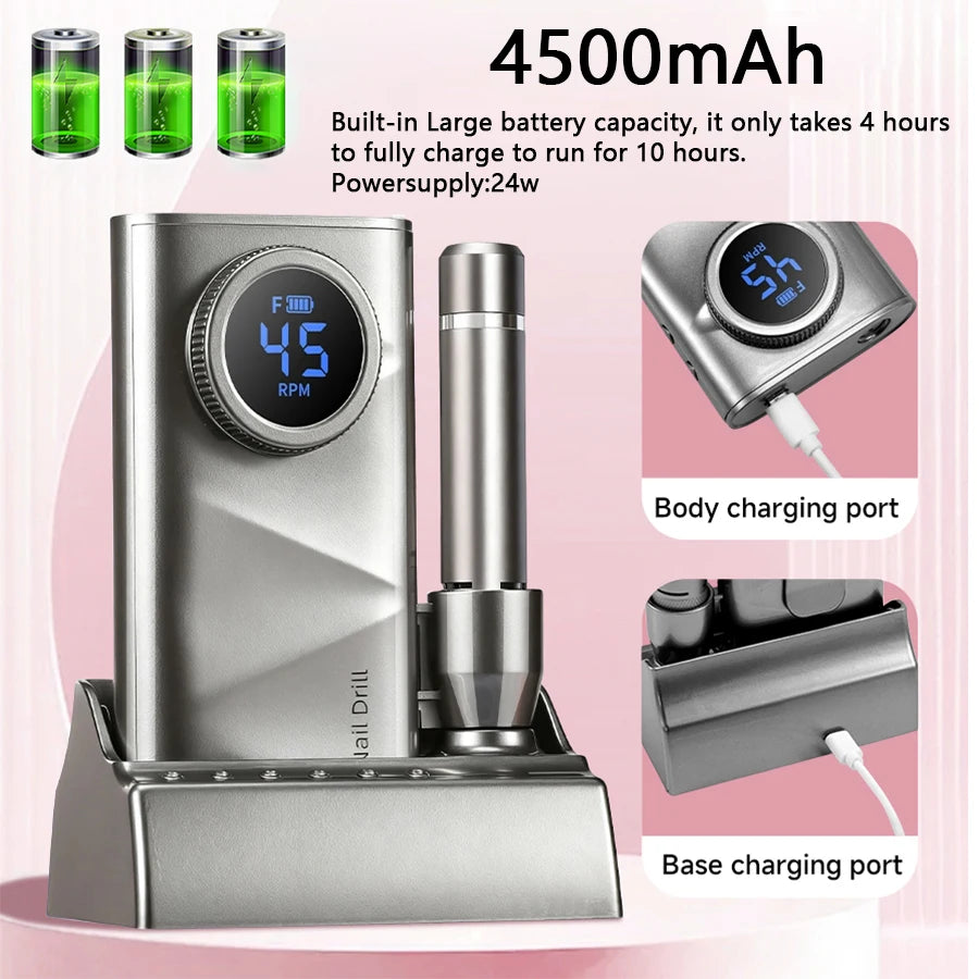 Cordless Nail Drill] Professional Cordless Electric Nail Drill Machine 45000RPM Suitable for Acrylic Gel Nails, LCD Display Rechargeable Nail Drill with Brushless Motor & Adapter for Salon & Home Use, Manicure Pedicure for Na
