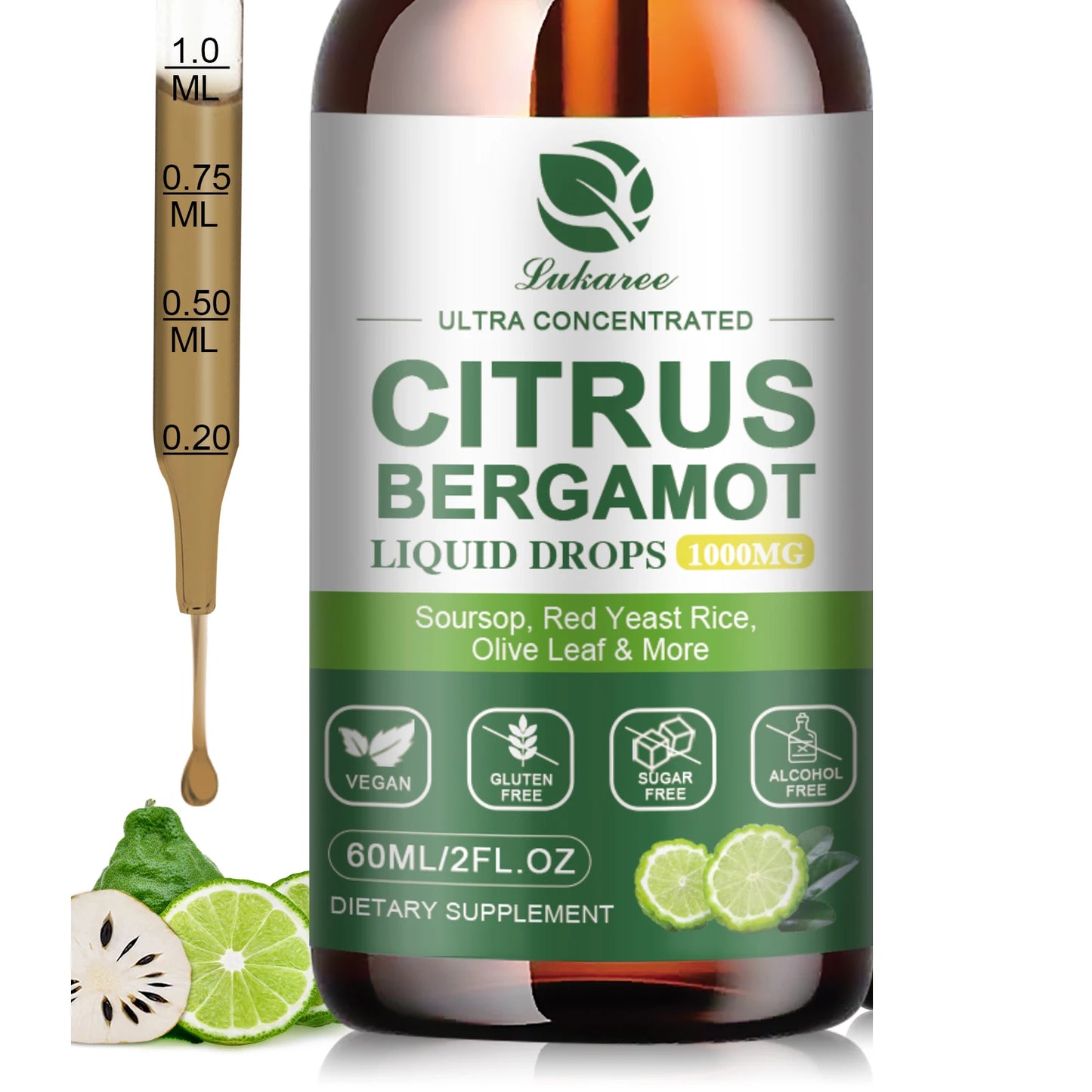 Citrus Bergamot Liquid Drops Natural Supplement with Soursop,Red Yeast Rice,Olive Leaf, High Absorption Support Overall Wellness