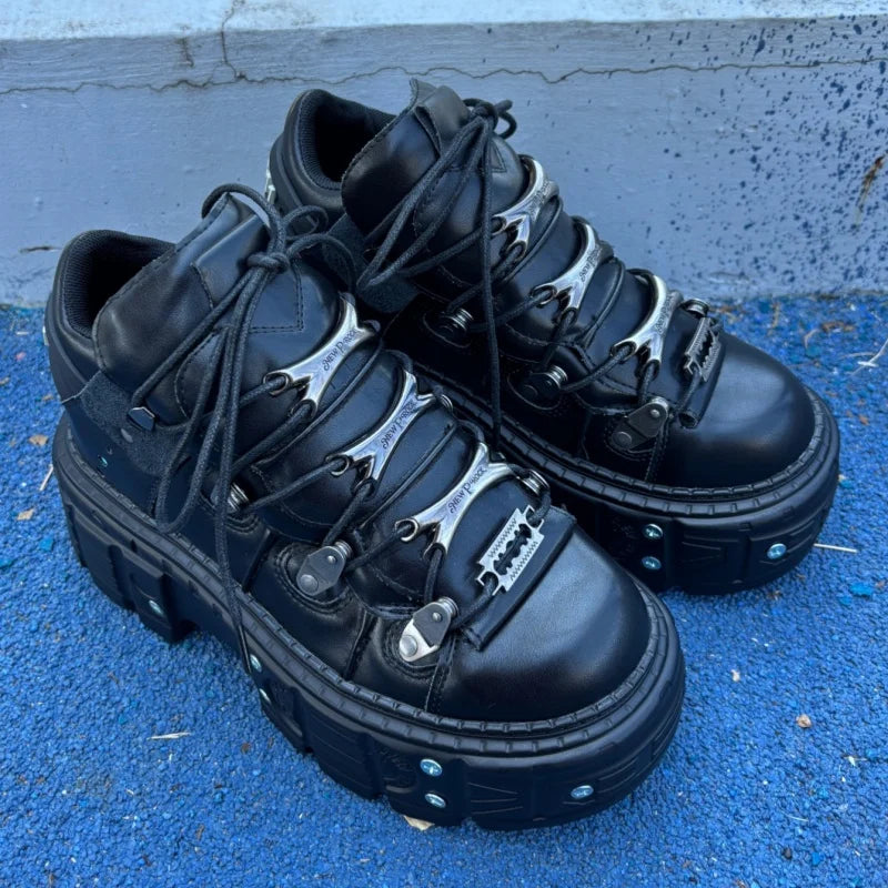 Gothic Black Metal Decoration Women Sneakers Chunky Heel All Match Platform Casual Trainers Sport Runway Unisex Shoes Large Size