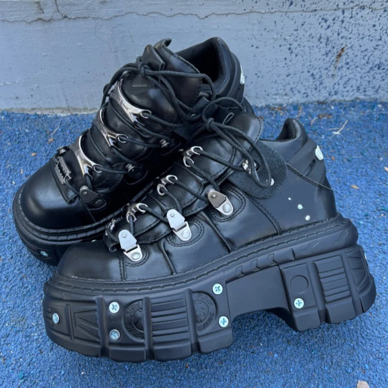Gothic Black Metal Decoration Women Sneakers Chunky Heel All Match Platform Casual Trainers Sport Runway Unisex Shoes Large Size