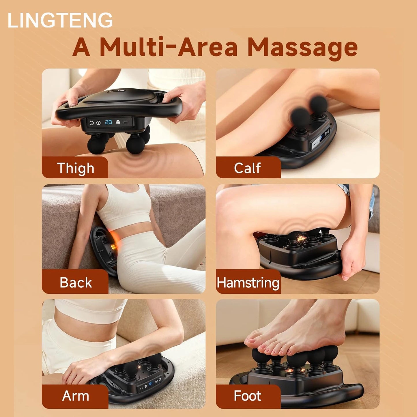 Lingteng Handheld Percussion Massage Gun With Six Interchangeable Heads