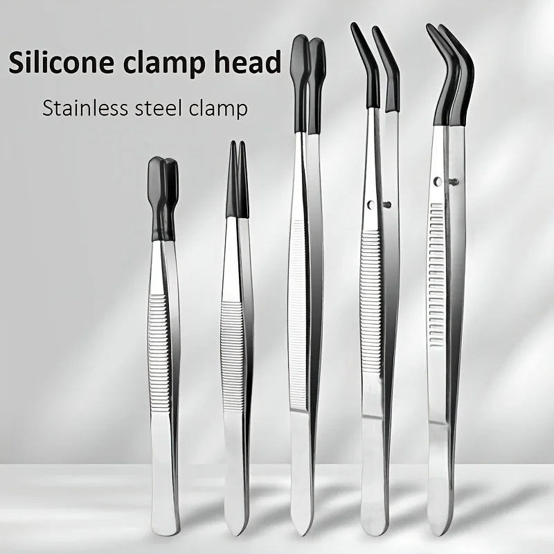 5pcs Tweezers With Rubber Tips Tweezers Rubber PVC Silicone Coated Non Marring Flat Tip Bent Tip Tweezers Tipped Tweezers