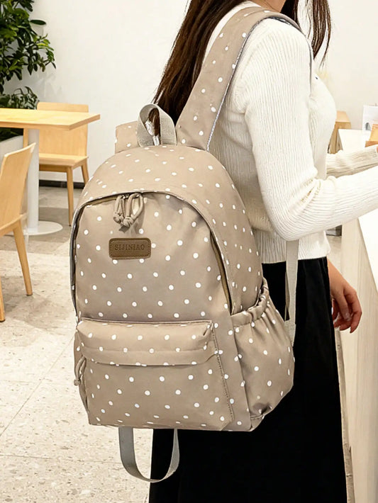 1 PC Brown Solid Color Dot Small Fresh Portable Travel Versatile Commuting Backpack,Multifunctional And Large Capacity Fashionable And Casual Large Capacity Portable Zipper School Bags,Travel Storage Stationery Storage,Vacati