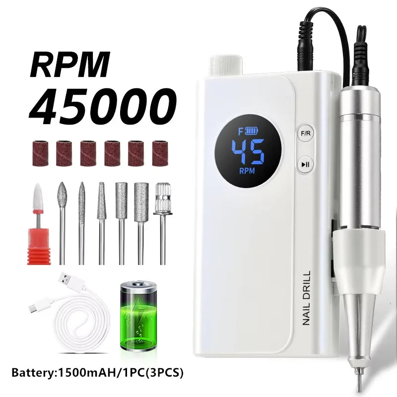 45000RPM Rechargeable Nail Drill Machine Portable Electric Nail File LCD Display USB Charging Manicure Pedicure Kit Gel Acrylic Nail Polisher Salon Nail Art Tools And Home Use For All Festival Gifts