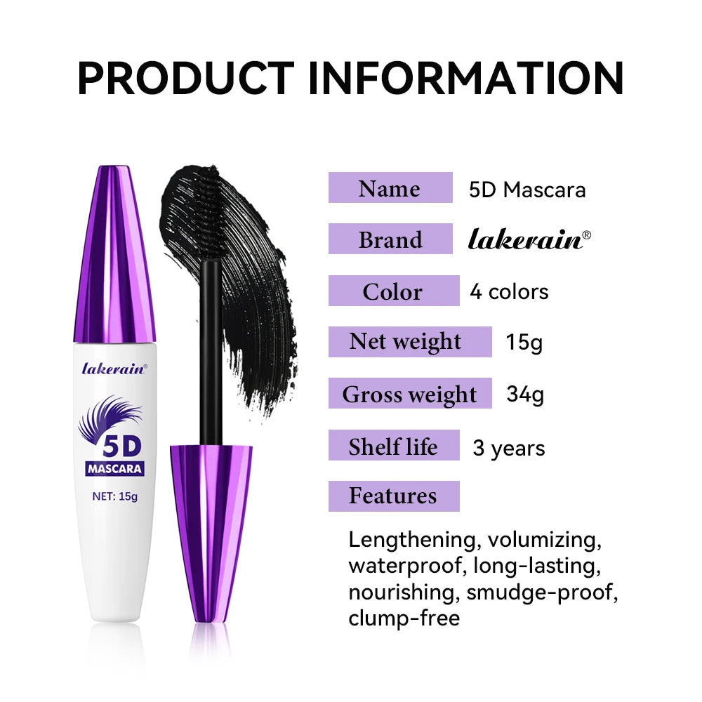Lakerain 5D Mascara Eyelashes Waterproof Nourishing Smudge-Proof Lengthening Long-Lasting Intense Black Mascara Eye Makeup