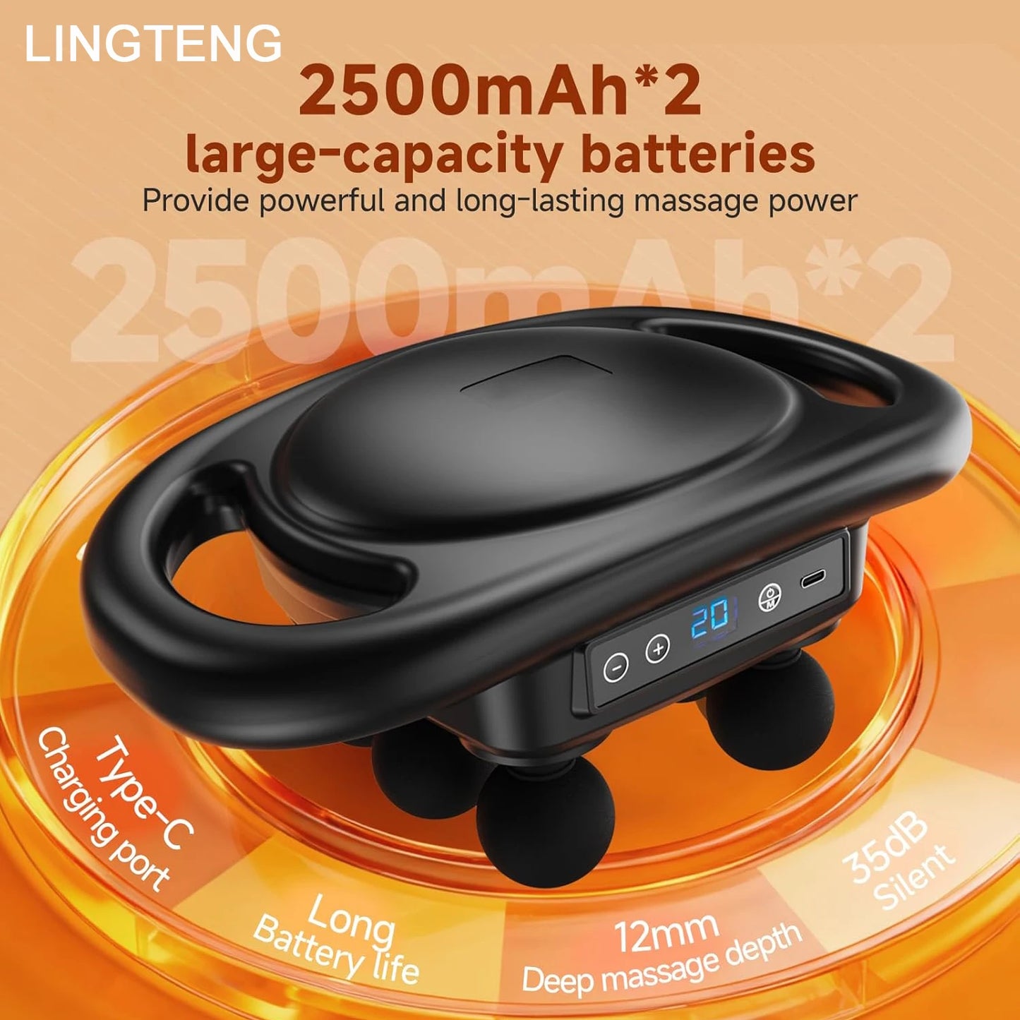 LINGTENG Deep Tissue Massage Gun, equipped with 6 head muscle massagers, a back massager, a percussive massage tool, and a handheld massager, featuring 9 intensity levels and 4 modes, suitable as a Christmas gift, adult birth