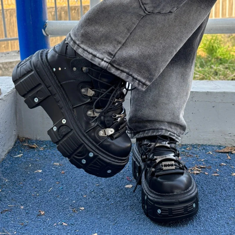 Gothic Black Metal Decoration Women Sneakers Chunky Heel All Match Platform Casual Trainers Sport Runway Unisex Shoes Large Size