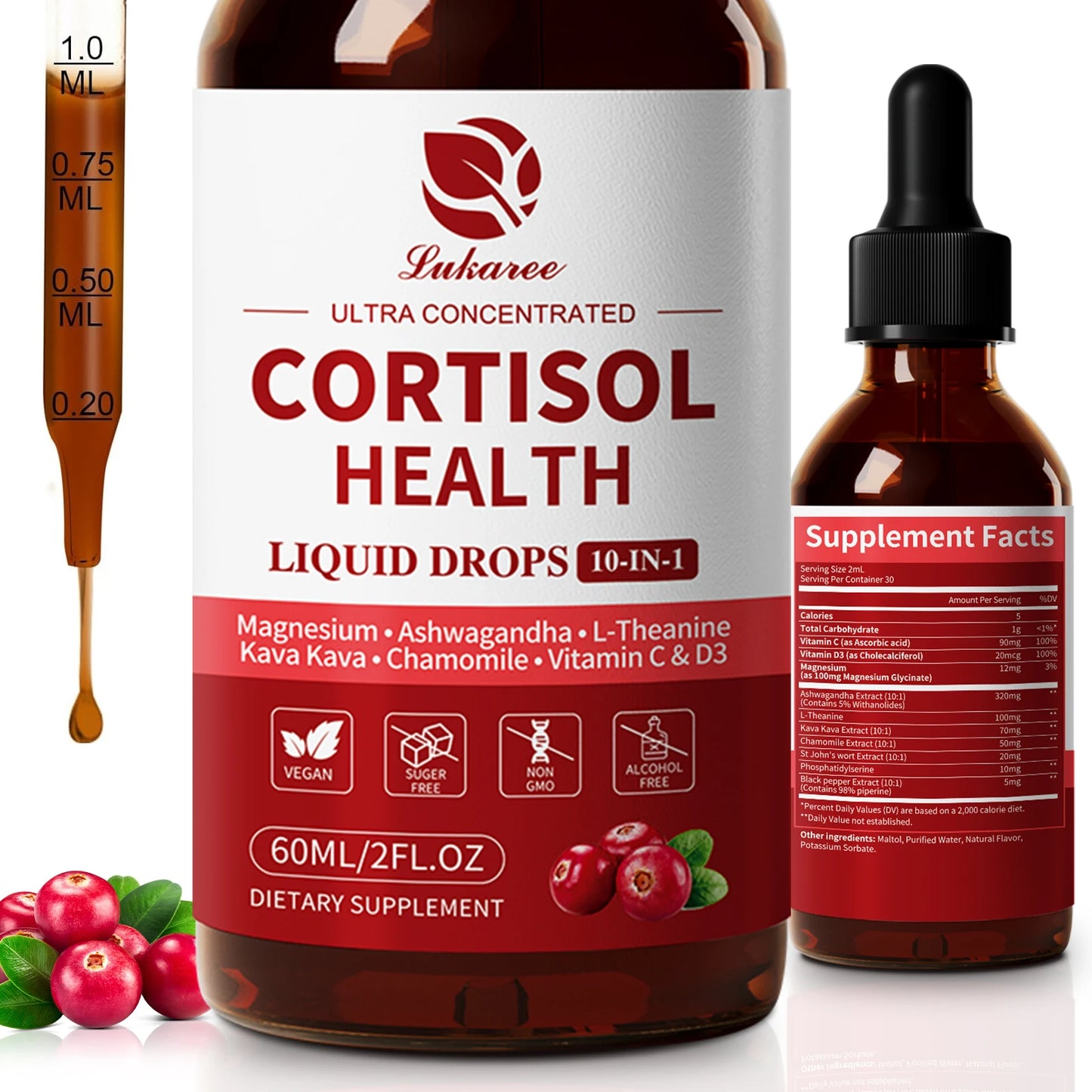 Lukaree 60ML Cortisol Supplements for Women & Men with Magnesium,Kava Kava for Cortisol Reducer & Detox, Mood Focus,Sleep Health