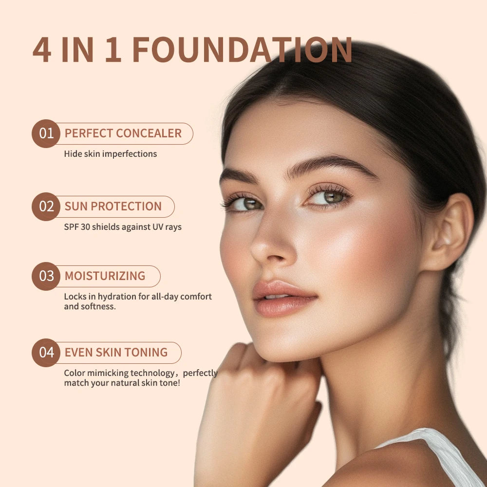 4 In 1 Color Changing Foundation Hydrating Moisturizing Long Lasting Waterproof Travel Full Coverage Makeup Base Smooth Natural Skin Tone Daily Facial Make Up Concealer Primer